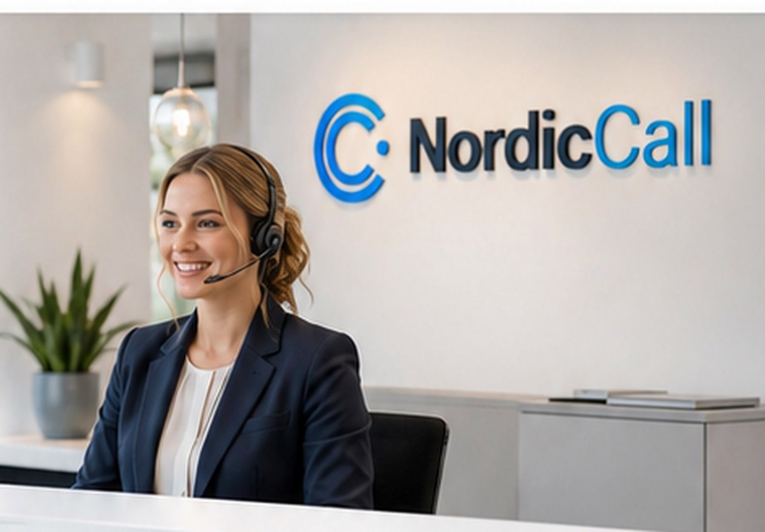 NordicCall receptionist til telefonpasning og kundeservice Smilende NordicCall receptionist med headset foran NordicCall logo